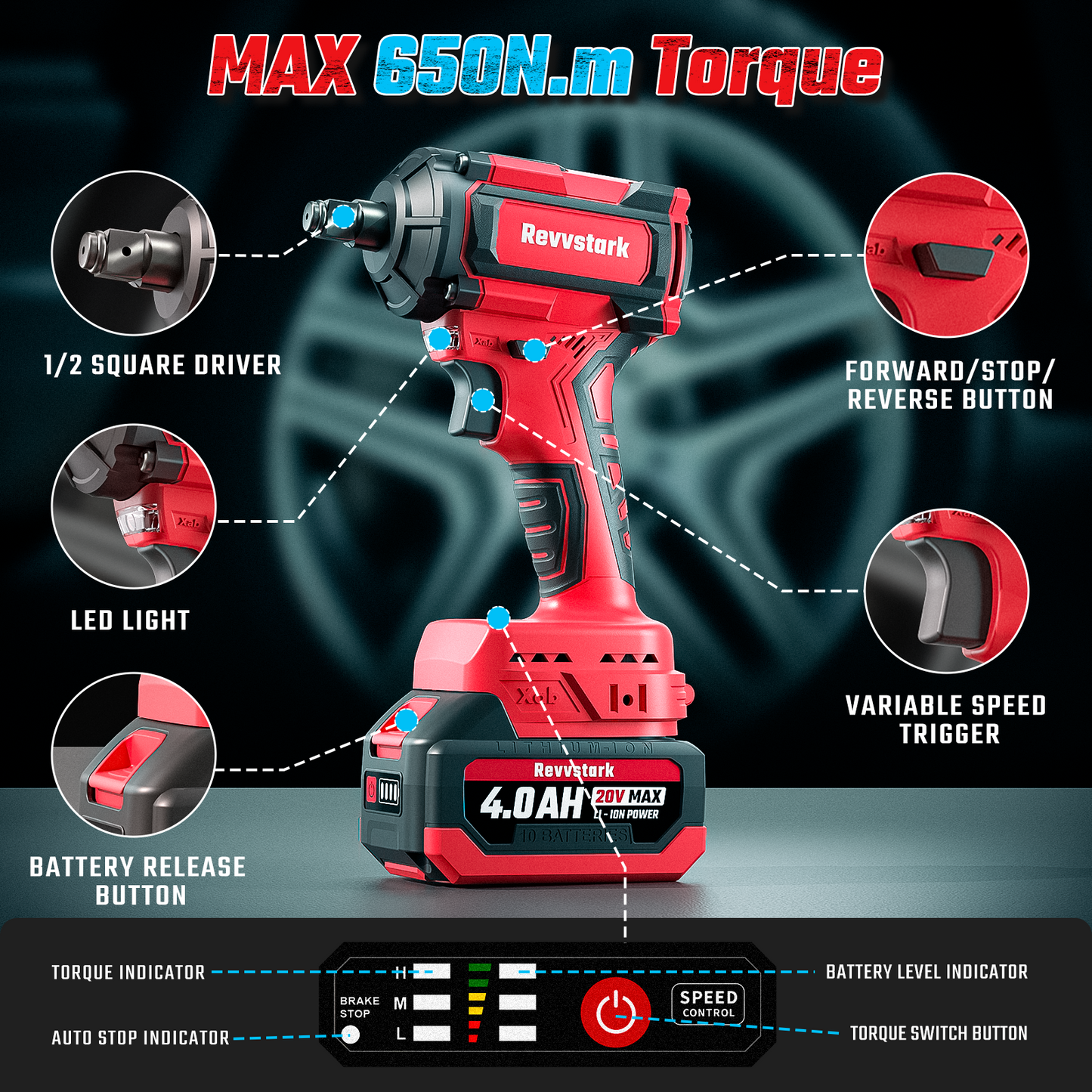 BL-16 Cordless Impact Wrench,1/2" Max Torque 480 Ft-lbs (650N.m)