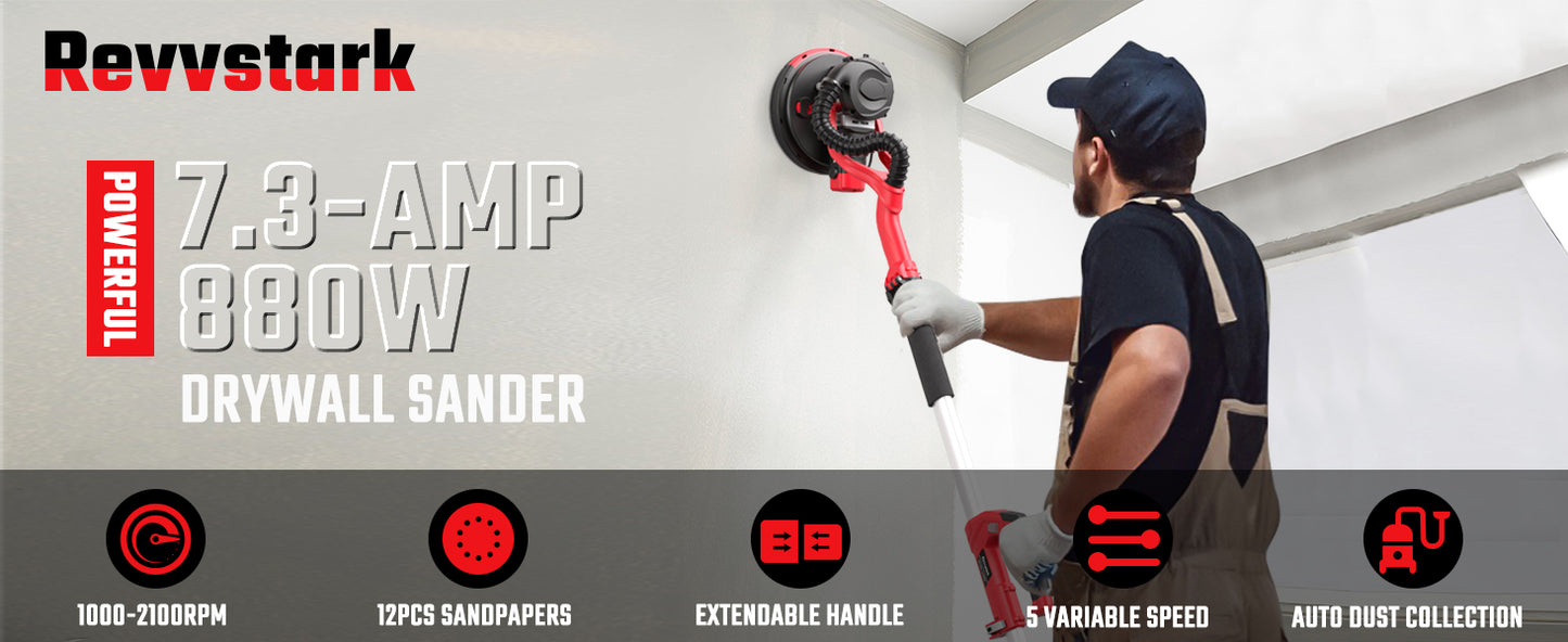Drywall Sander, Electric Drywall Sander with Vacuum Dust Collection 7.33-Amp 880W, Floor Sanders 5 Variable Speed 500-1800RPM with LED Light, 10 Pcs Sanding Discs & 2 Pcs Grid Sandpaper