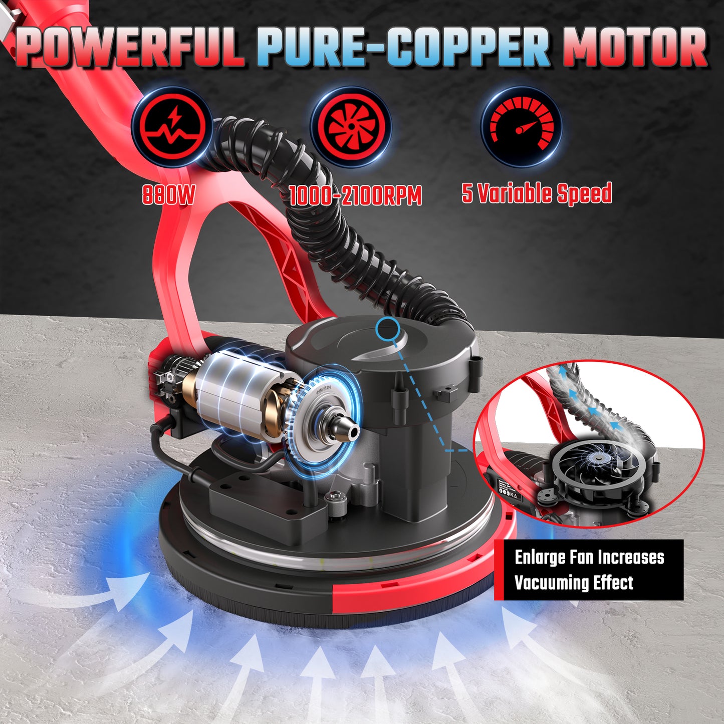 Drywall Sander, Electric Drywall Sander with Vacuum Dust Collection 7.33-Amp 880W, Floor Sanders 5 Variable Speed 500-1800RPM with LED Light, 10 Pcs Sanding Discs & 2 Pcs Grid Sandpaper