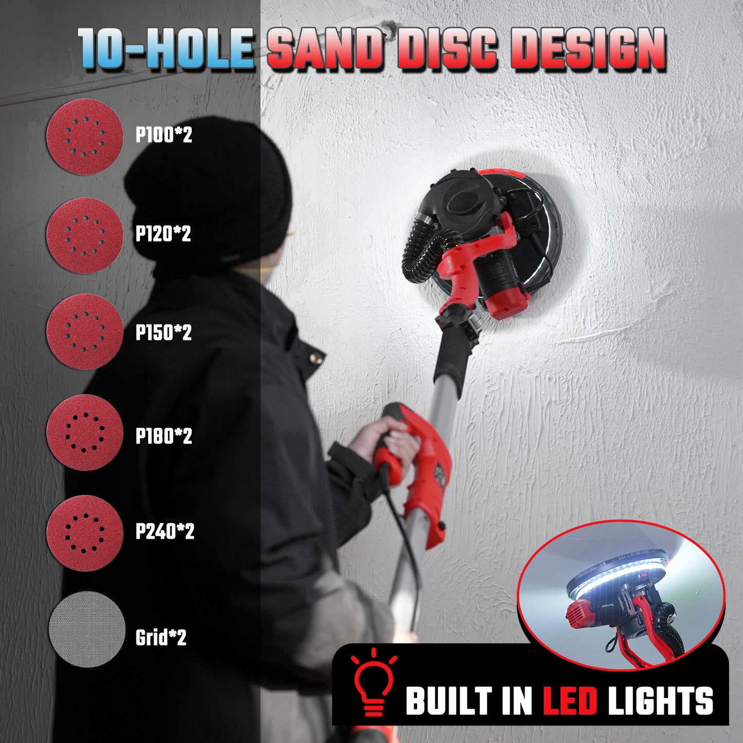 Drywall Sander, Electric Drywall Sander with Vacuum Dust Collection 7.33-Amp 880W, Floor Sanders 5 Variable Speed 500-1800RPM with LED Light, 10 Pcs Sanding Discs & 2 Pcs Grid Sandpaper