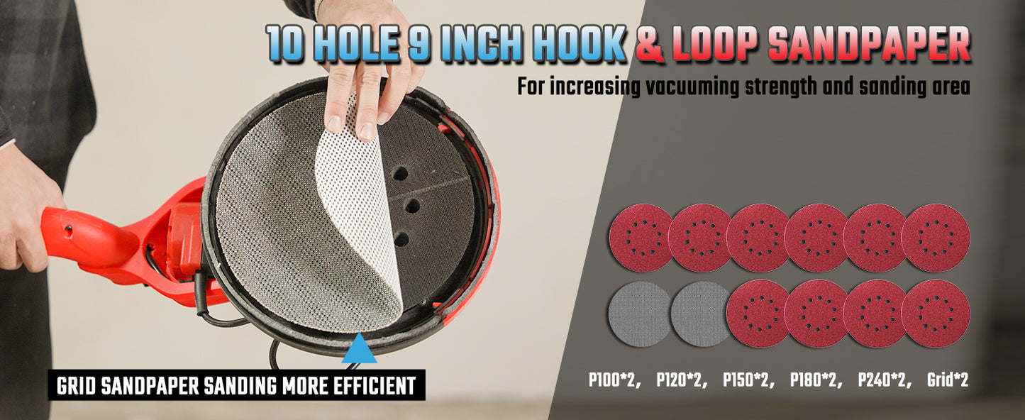 Drywall Sander, Electric Drywall Sander with Vacuum Dust Collection 7.33-Amp 880W, Floor Sanders 5 Variable Speed 500-1800RPM with LED Light, 10 Pcs Sanding Discs & 2 Pcs Grid Sandpaper