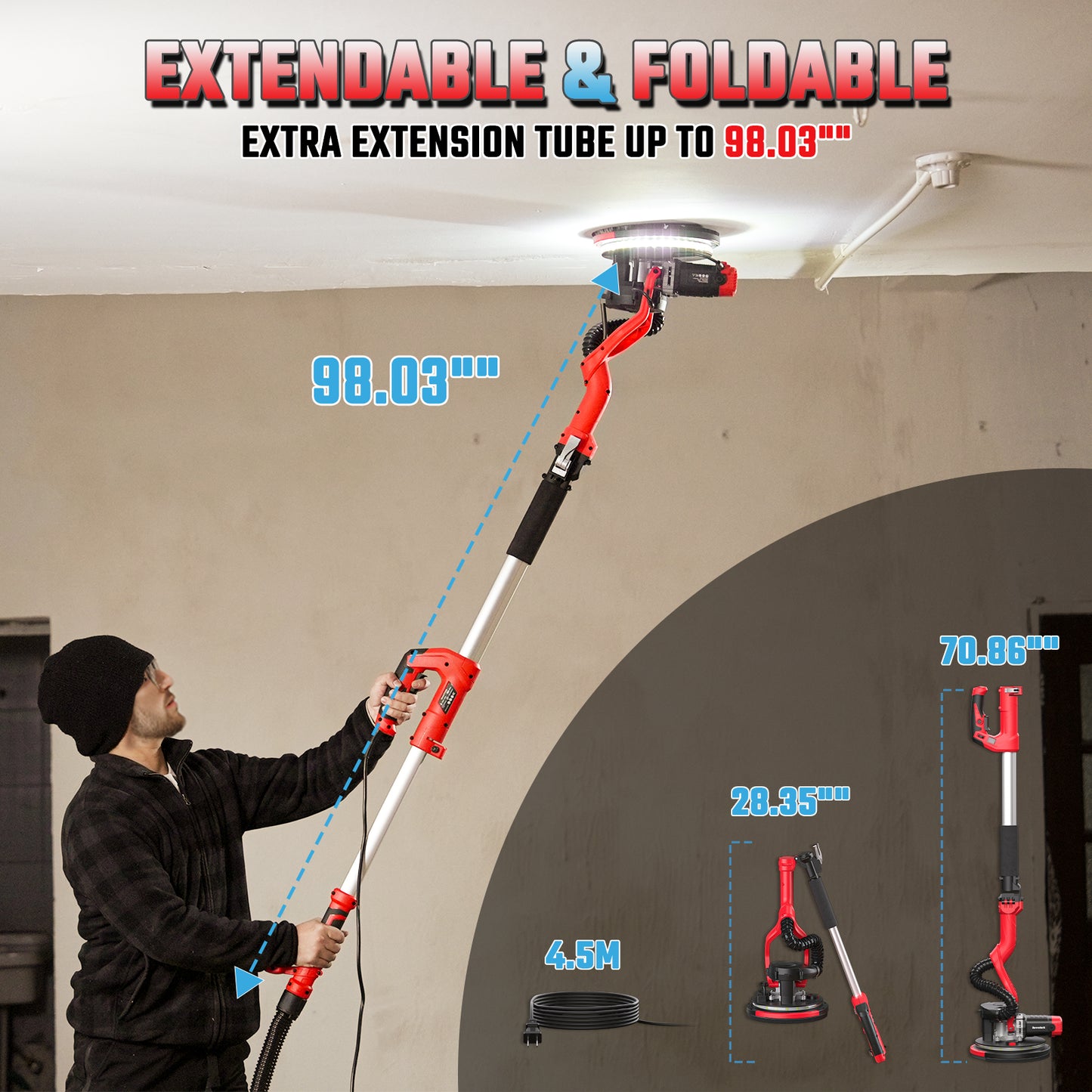 Drywall Sander, Electric Drywall Sander with Vacuum Dust Collection 7.33-Amp 880W, Floor Sanders 5 Variable Speed 500-1800RPM with LED Light, 10 Pcs Sanding Discs & 2 Pcs Grid Sandpaper