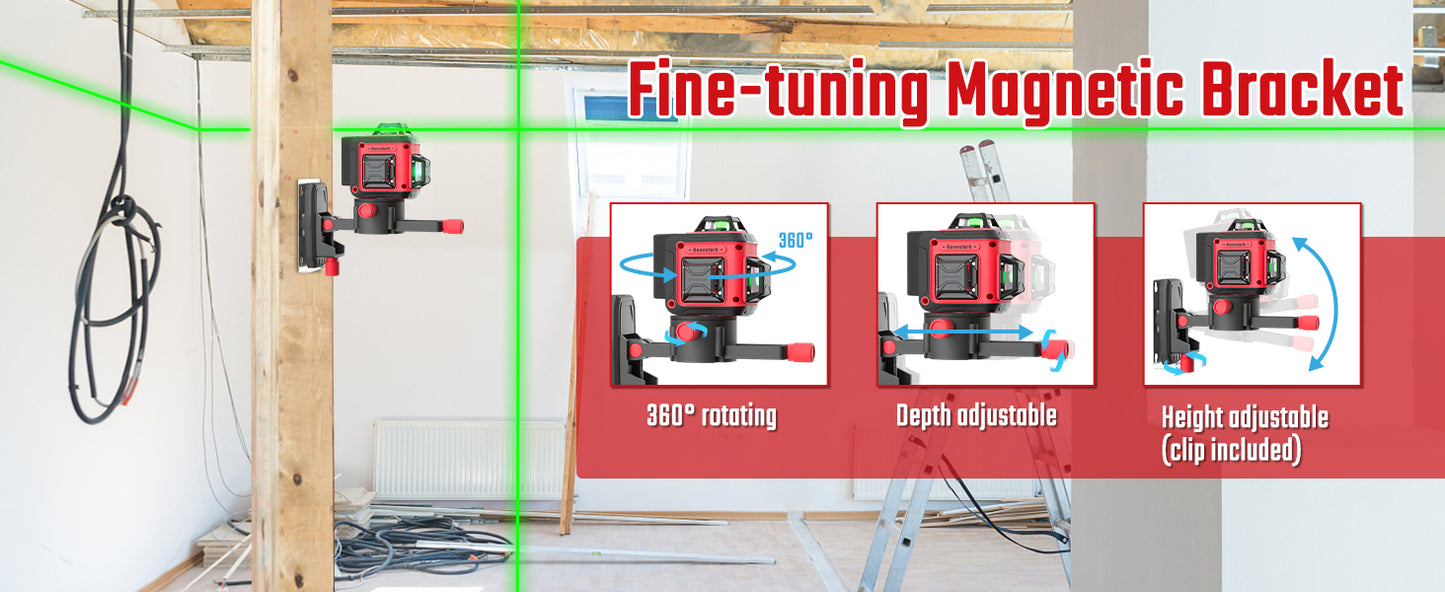 Laser Level Pro Kit, 3X360°Self-leveling Tool for Construction, Tiling Floor & Picture Hanging, 3D Cross Line Laser Level with Fine-tuning Bracket, 12 Lines level Tool with 2*2400mAh Battery