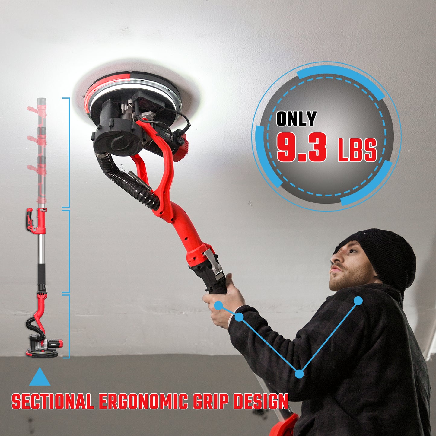 Drywall Sander, Electric Drywall Sander with Vacuum Dust Collection 7.33-Amp 880W, Floor Sanders 5 Variable Speed 500-1800RPM with LED Light, 10 Pcs Sanding Discs & 2 Pcs Grid Sandpaper