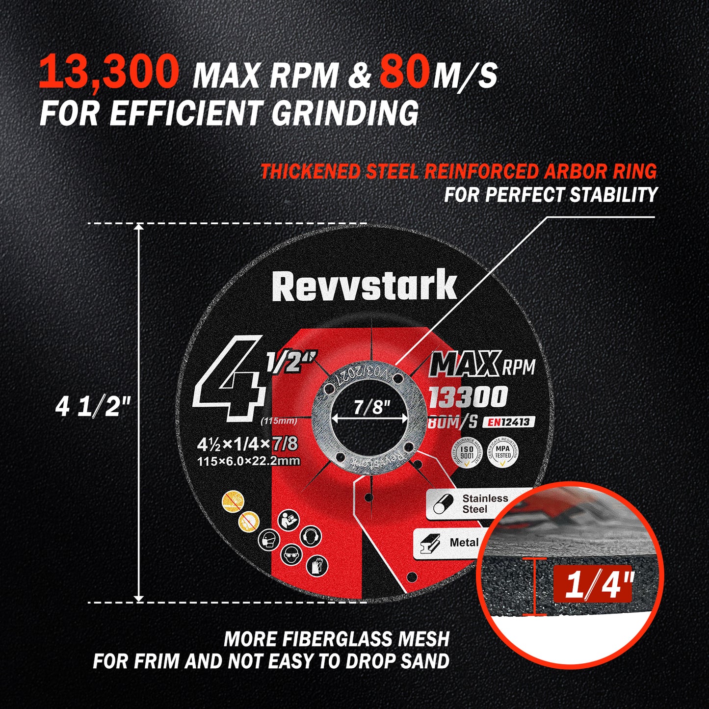Revvstark 25 Pack Grinding Wheels 4-1/2 Inch, Grinder Wheel for General Purpose Metal & Stainless Steel, Aluminum Oxide Grinding Disc 4 1/2 for Angle Grinder, Depressed Center 4.5" * 1/4" * 7/8"