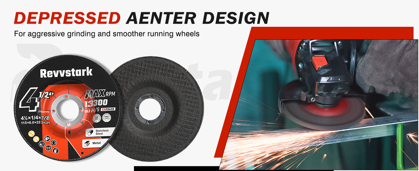 Revvstark 25 Pack Grinding Wheels 4-1/2 Inch, Grinder Wheel for General Purpose Metal & Stainless Steel, Aluminum Oxide Grinding Disc 4 1/2 for Angle Grinder, Depressed Center 4.5" * 1/4" * 7/8"