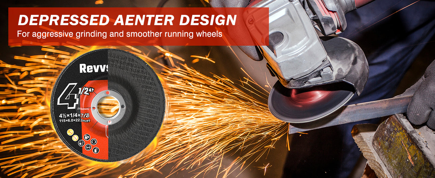 Revvstark 25 Pack Grinding Wheels 4-1/2 Inch, Grinder Wheel for General Purpose Metal & Stainless Steel, Aluminum Oxide Grinding Disc 4 1/2 for Angle Grinder, Depressed Center 4.5" * 1/4" * 7/8"