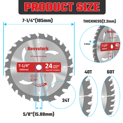 3-Pack Combo 7-1/4 Inch 24T&40T&60T with 5/8 Inch Arbor, Carbide 24T Framing, 40T Ripping & Crosscutting, 60T Finish Carbide Circular Saw Blade for Various Wood Cutting